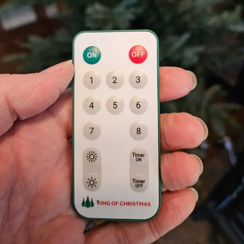 Hand holding a small Chritstmas Tree light remote control.